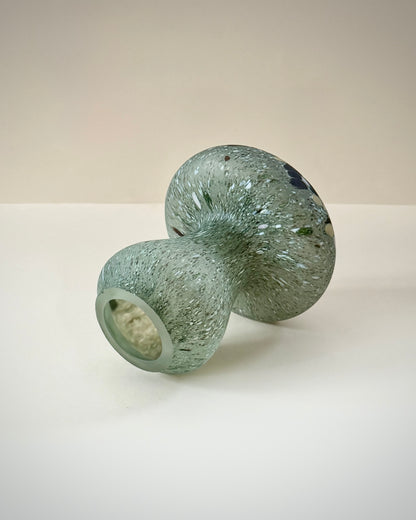 Green Kosta Boda KarlJohan glass mushroom by Monica Backström, full view showing the decorated cap, stem and original label.
