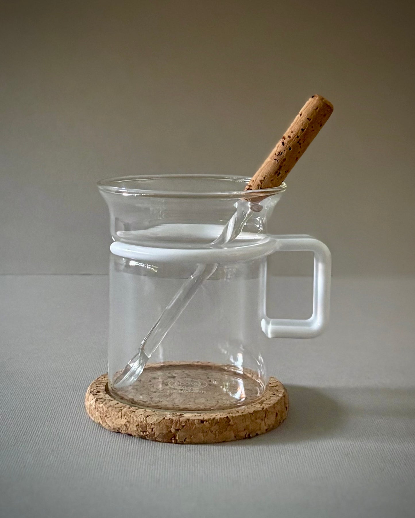 Glass Mug Set with Cork Coasters and Spoons – Bodum, Denmark (design by Carsten Jørgensen)