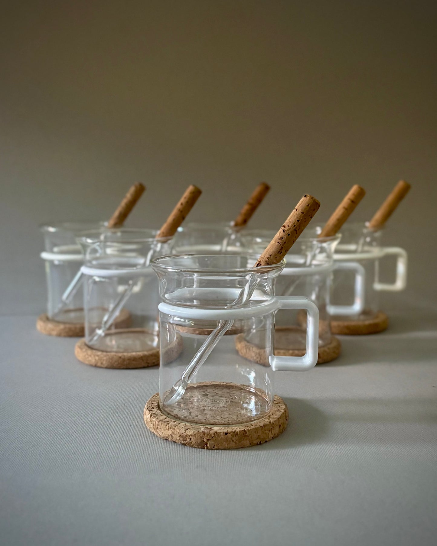 Glass Mug Set with Cork Coasters and Spoons – Bodum, Denmark (design by Carsten Jørgensen)