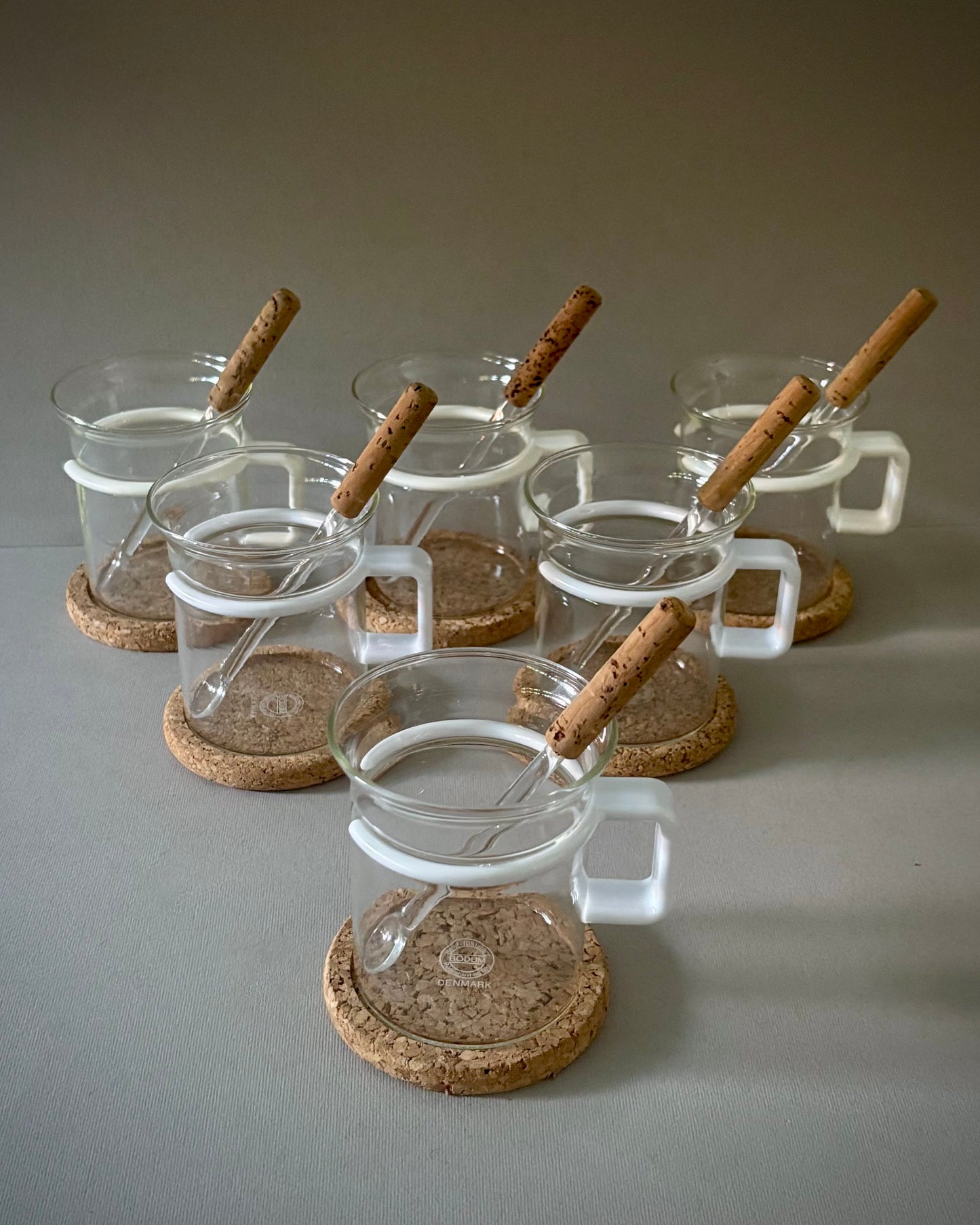 Glass Mug Set with Cork Coasters and Spoons – Bodum, Denmark (design by Carsten Jørgensen)