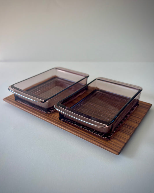 Serving Teak Tray with Two Smoky Red Glass Bowls – Karl Holmberg Götene, Sweden