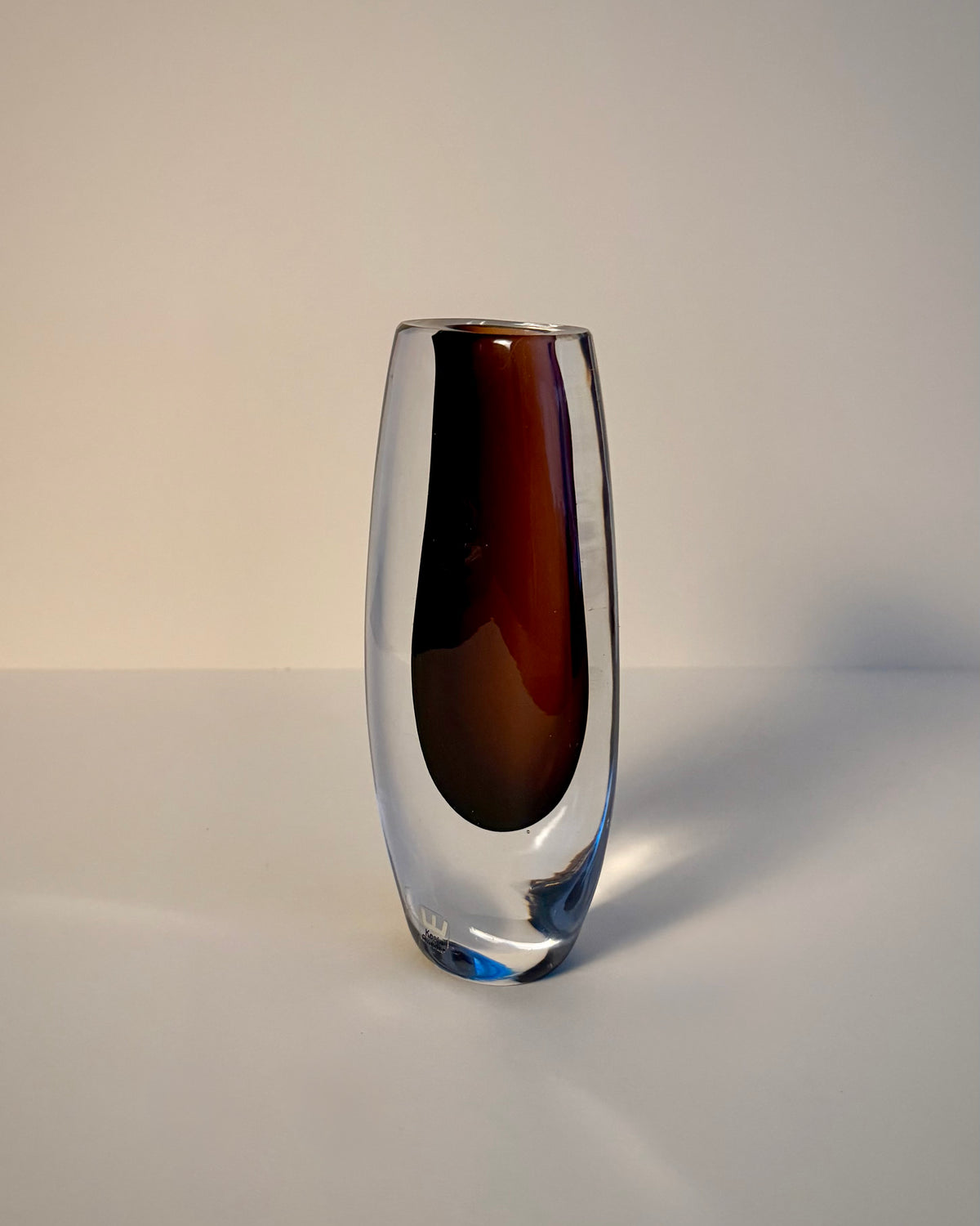 Kosta LH 1444 Sommerso glass vase by Vicke Lindstrand, angled side view showing the layered glass and brown inner core