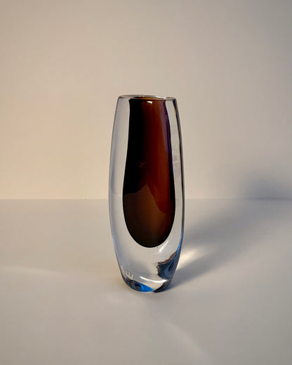 Kosta LH 1444 Sommerso glass vase by Vicke Lindstrand, angled side view showing the layered glass and brown inner core