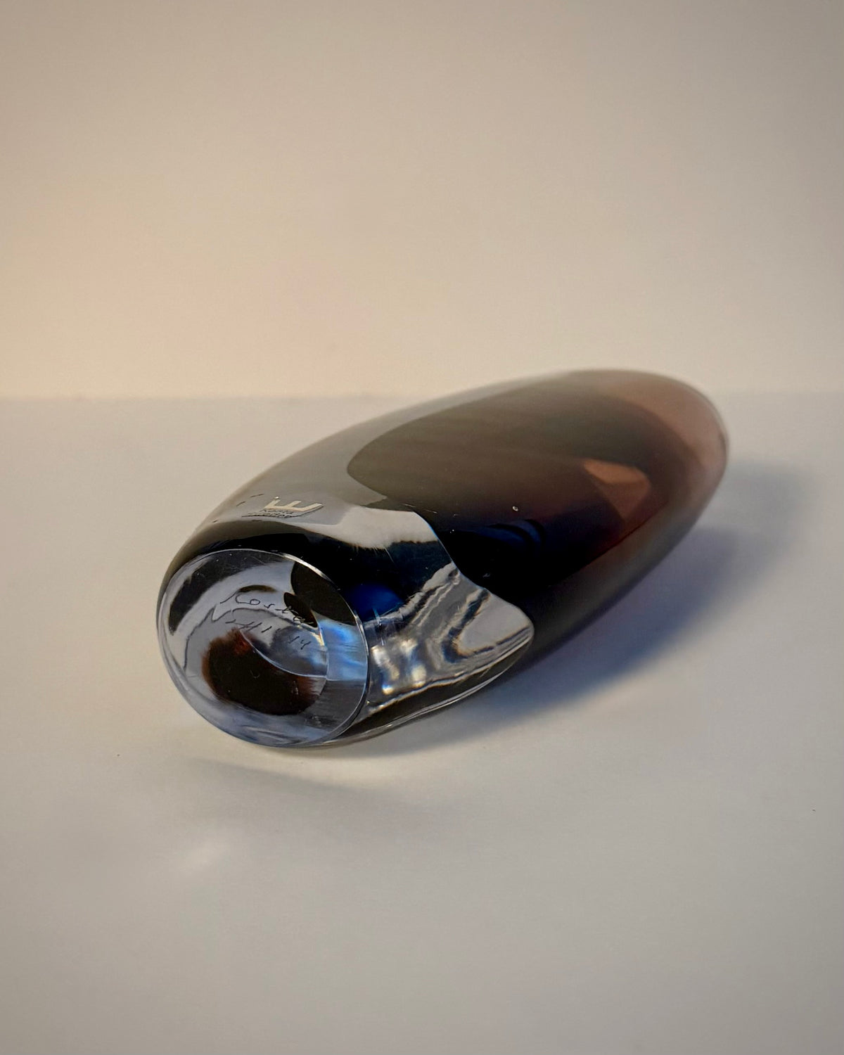 Underside of the Kosta LH 1444 Sommerso vase showing the engraved Kosta LH 1444 signature